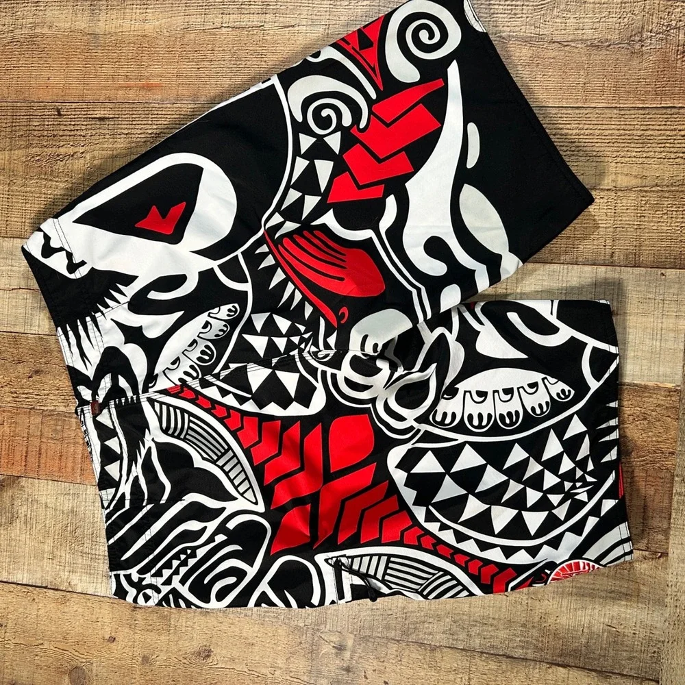 Quiksilver Black Red White Tribal Board Shorts Swim Trunks Zipper Pocket 34